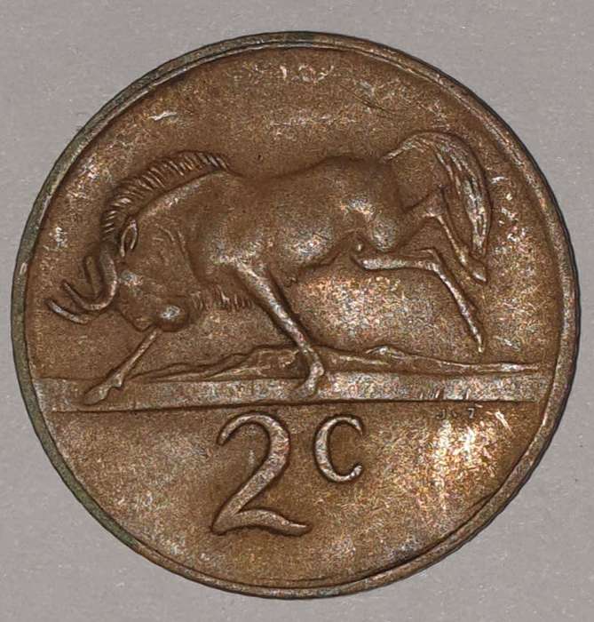 1975 - 2 CENT COIN (TWO CENT COIN) - RSA - BRONZE - KM#83 - BILINGUAL LEGEND - WILDEBEEST